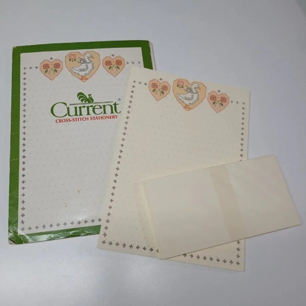 Current Blue Goose Cross Stitch Stationary Set Vintage Beige Granny‎